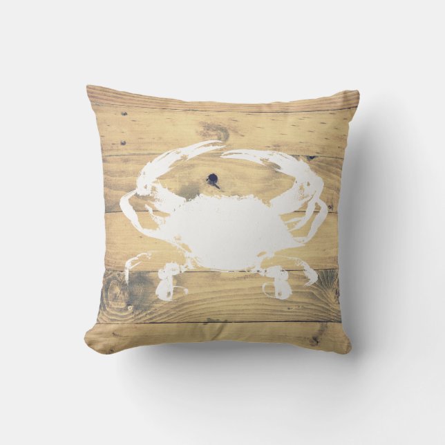 Kustwitte krab silhouet & houten planken kussen (Voorkant)