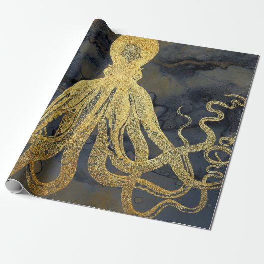 Kustzalige  goudzwarte octopus Ink Waterverf Cadeaupapier (Uitgerold)
