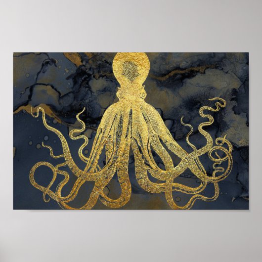Kustzalige goudzwarte octopus Ink Waterverf Poster (Voorkant)
