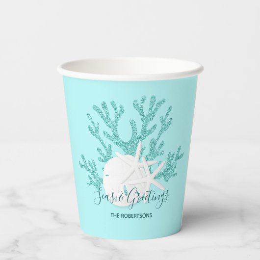 Kustzeeën & Zalige Kerstmis Strand Aqua Blauw Papieren Bekers (Achterkant)