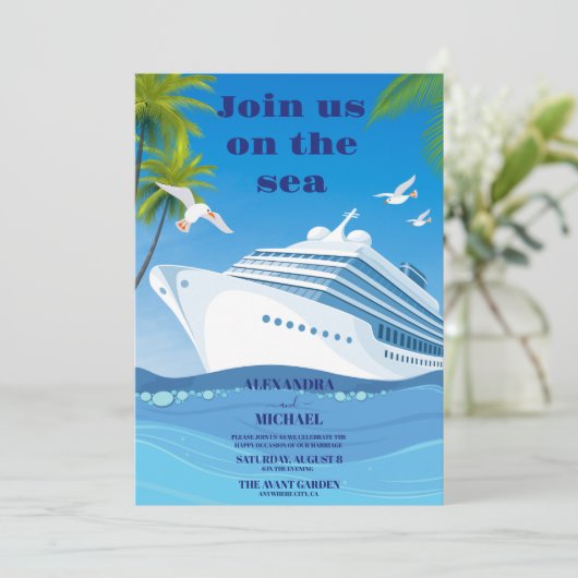 Kustzeegezicht strand cruise bruiloft kaart (Staand voorkant)