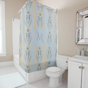 Kustzeepaard Cameo Blauwe Crème Streep Monogram Douchegordijn