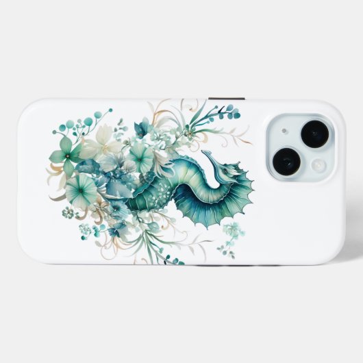 Kustzeepaardje en bloemeniPhone 15 Hoesje (Achterkant (horizontaal))