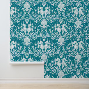 Kustzeepaardjes Damask Blauwgroen Blauw Behang