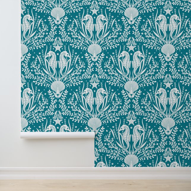 Kustzeepaardjes Damask Blauwgroen Blauw Behang (Applicatie)