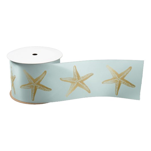 Kustzeeschel Wedding Aqua Blue Gold Starfish Satijnen Lint (Spoel)