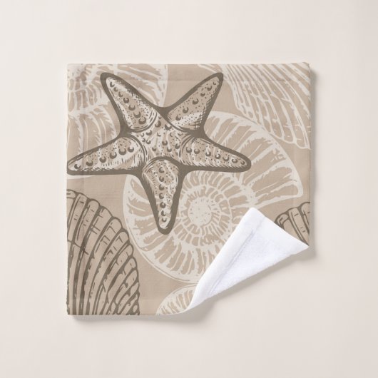 Kustzeesterren en schelpen in beige bad handdoek (Wasdoekje)