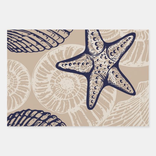 Kustzeesterren en schelpen in beige inpakpapier vel (Voorkant 3)