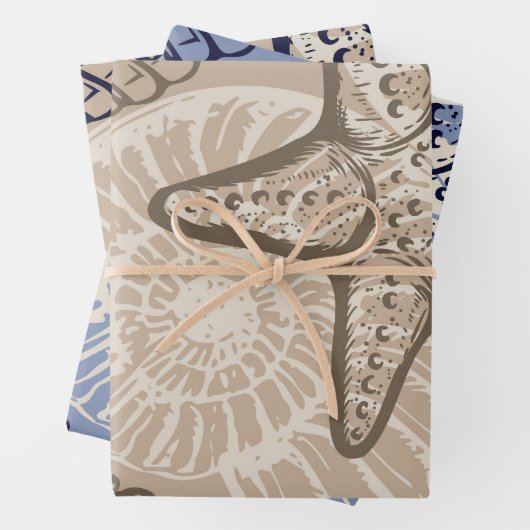 Kustzeesterren en schelpen in beige inpakpapier vel (In situ)