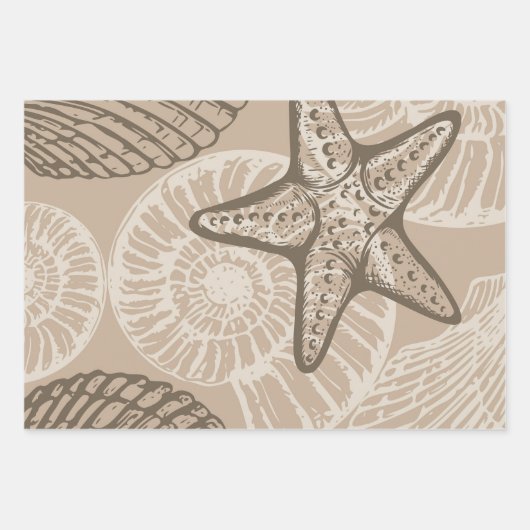 Kustzeesterren en schelpen in beige inpakpapier vel (Voorkant)