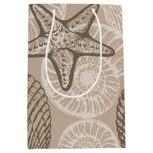 Kustzeesterren en schelpen in beige medium cadeauzakje (Voorkant)