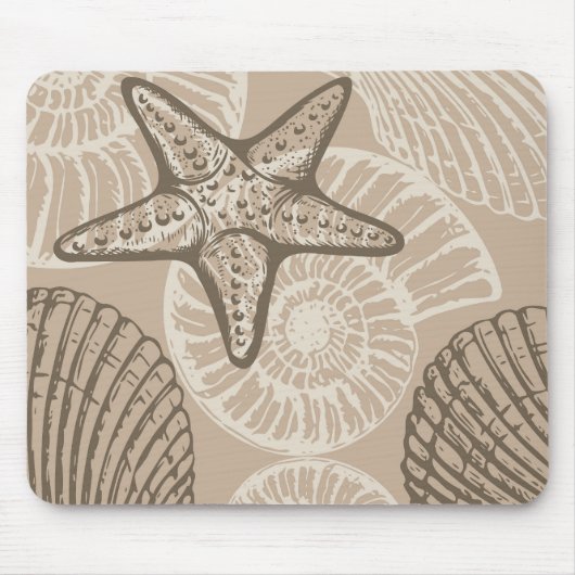 Kustzeesterren en schelpen in beige muismat (Voorkant)