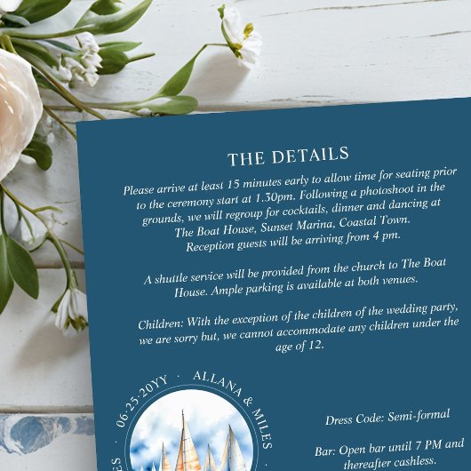 Kustzeilboot bruiloft details en QR-code Kaart