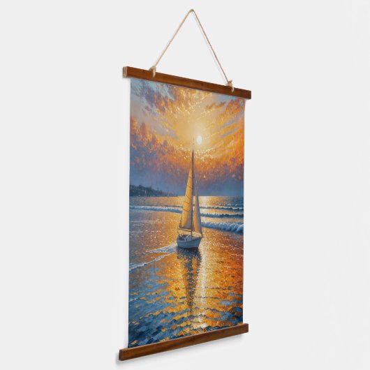 kustzeilboot met zonsondergang hangend wandkleed (Gebogen)