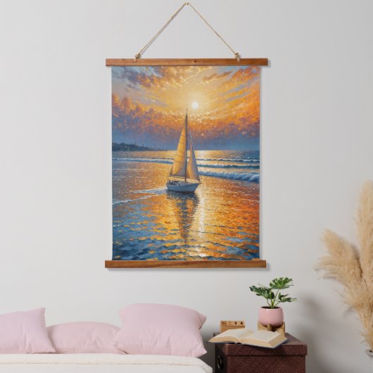 kustzeilboot met zonsondergang hangend wandkleed (Slaapkamer)