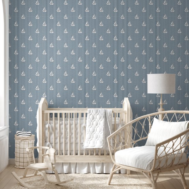 Kustzeilboten op preppy blauwe strepen behang (Kinderen)