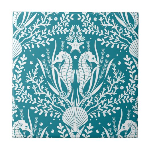 Kustzone Damask Seapaarden Ocean Blauwgroen Blue W Tegeltje (Voorkant)