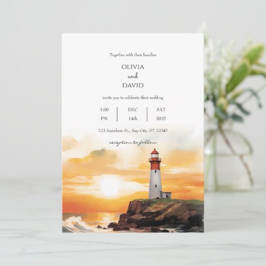 Kustzonnegolven Vuurtoren Strand Bruiloft Kaart (Staand voorkant)