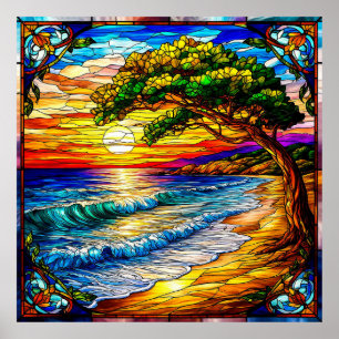 Kustzonsondergang met golven en een boom poster