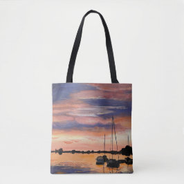 Kustzonsondergang over water het schilderen canvas tote bag