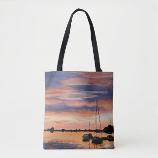 Kustzonsondergang over water het schilderen canvas tote bag