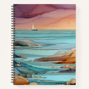 Kustzonsondergang Sereniteit – Aquarel Oceaan Zeeg Notitieboek