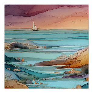Kustzonsondergang Sereniteit – Waterverf Oceaan Ze Perfect Poster