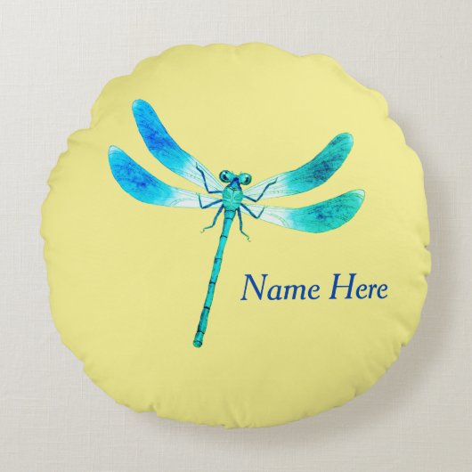 Kut als een blauwe groene libel op lichtgeel rond kussen (Voorkant)