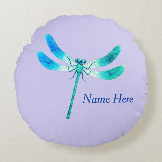 Kut als een blauwe groene libel op Violet Rond Kussen (Voorkant)