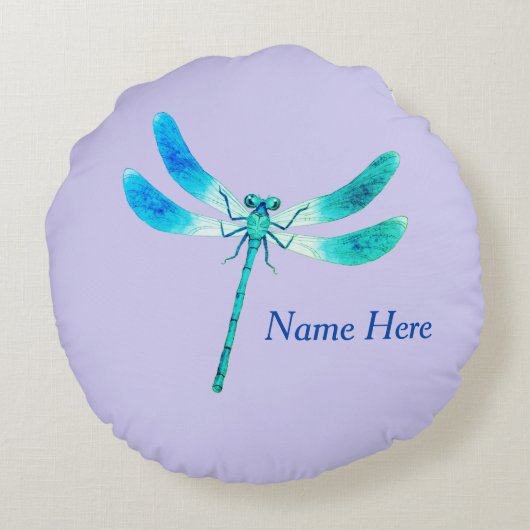 Kut als een blauwe groene libel op Violet Rond Kussen (Achterkant)
