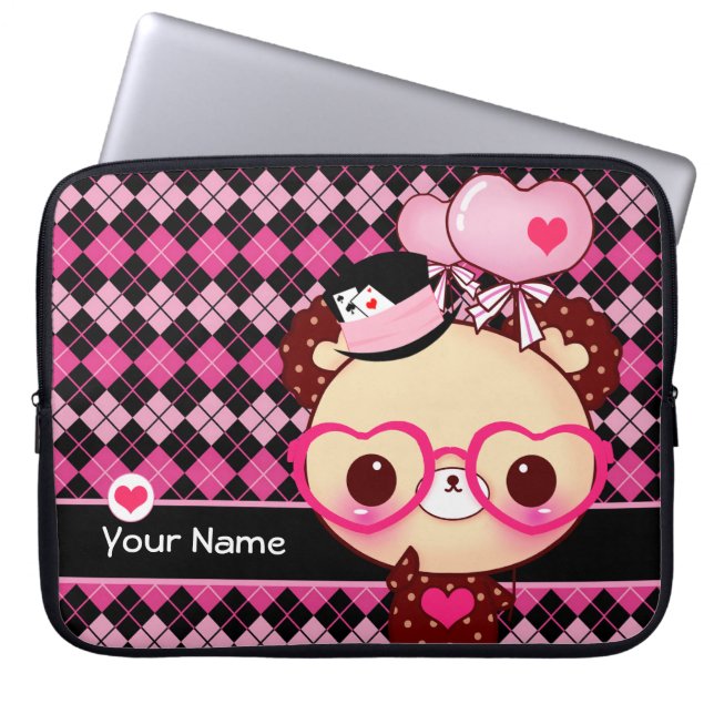 Kut beer met bril op zwarte en roze argyle laptop sleeve (Voorkant)