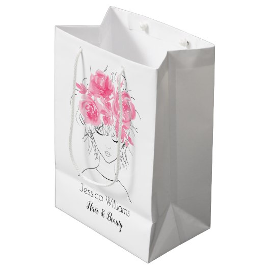 Kut  meisje met roze waterverf rozen-Floral Medium Cadeauzakje (Voorkant Gekanteld)