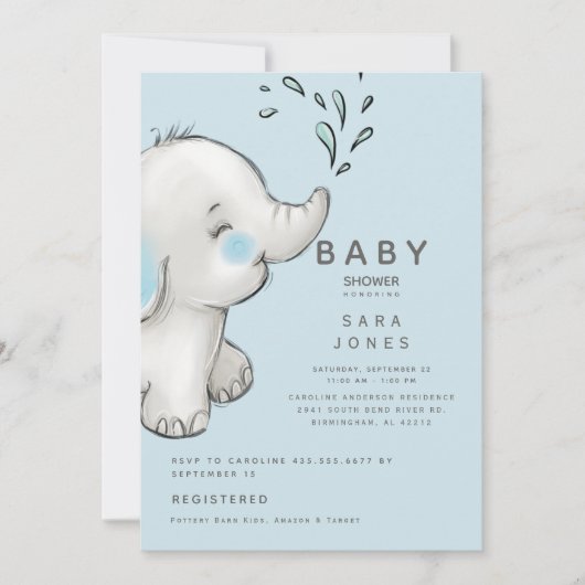 Kutblauw en grijs Waterverf Elephant Baby shower Kaart (Voorkant)