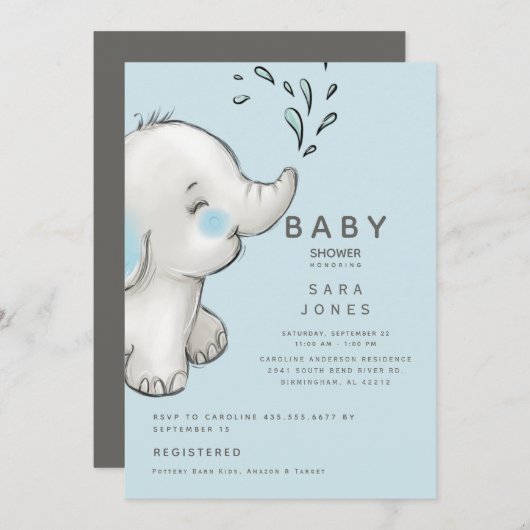 Kutblauw en grijs Waterverf Elephant Baby shower Kaart (Voorkant / Achterkant)