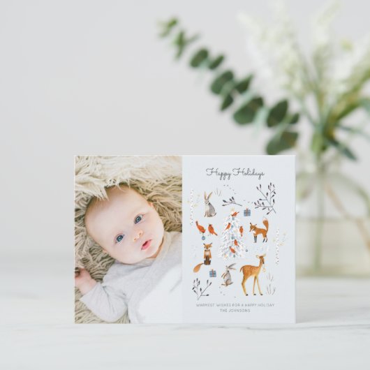 Kutblauwe bosgrond vraagt om herten en vossen feestdagenkaart (Staand voorkant)