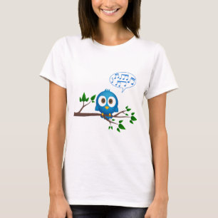 Kutblauwe twittervogel cartoon op shirt van de vro