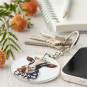 Kutbruine koe jouw naam florale waterverf boerderi sleutelhanger (Voorkant Rechts)