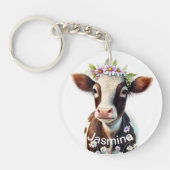 Kutbruine koe jouw naam florale waterverf boerderi sleutelhanger (Voorkant)