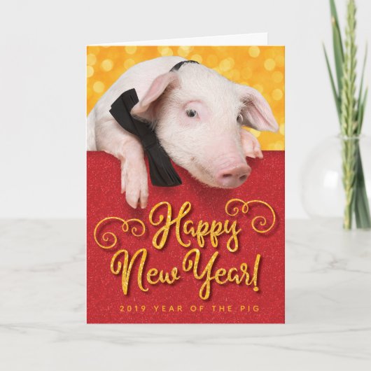 Kute 2019 Happy New Year pig met Bow Stropdas Kaart (Voorkant)