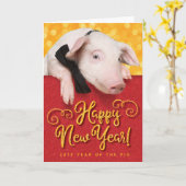 Kute 2019 Happy New Year pig met Bow Stropdas Kaart (Gele Bloem)