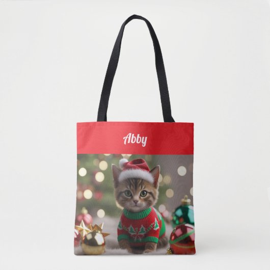 Kute Abyssinian kat Kerstmaand tas met eigen naam (Voorkant)