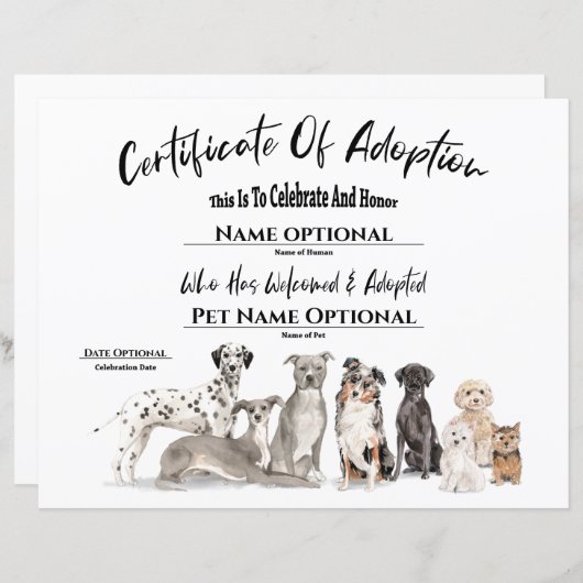 Kute Adoption Pet Puppy Dog Certificate (Voorkant / Achterkant)
