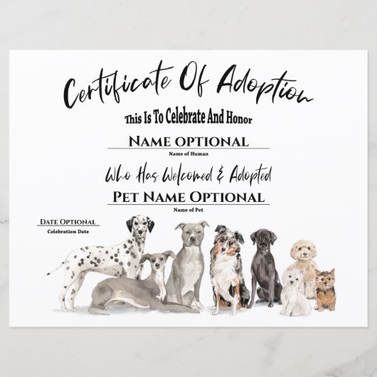 Kute Adoption Pet Puppy Dog Certificate (Voorkant)