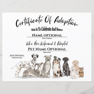 Kute Adoption Pet Puppy Dog Certificate