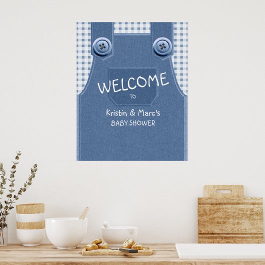 Kute als Button Blue Denim Baby shower Poster (Keuken)