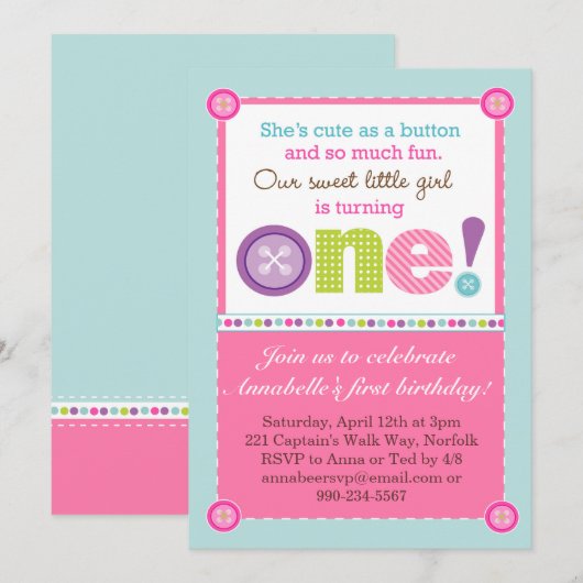 Kute als Button First Birthday (Foto) Kaart (Voorkant / Achterkant)