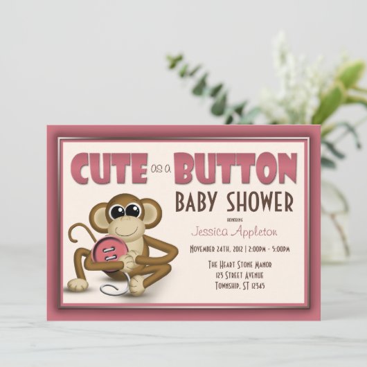 Kute als Button Roze Baby shower Uitnodiging (Staand voorkant)