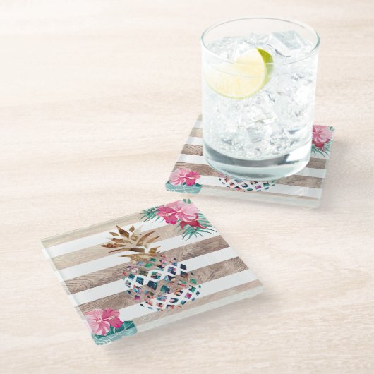 Kute ananassel gouden strips glazen onderzetter (Schuin)