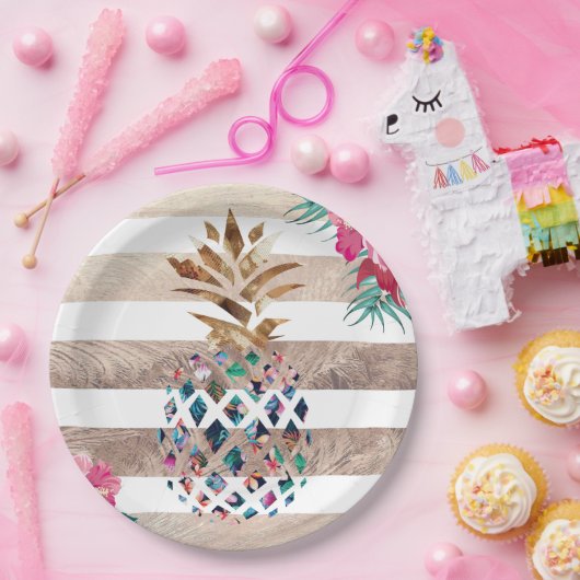 Kute ananassel gouden strips papieren bordje (Feest)
