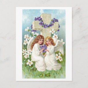 Kute Angels met kruis en bloemen. Briefkaart
